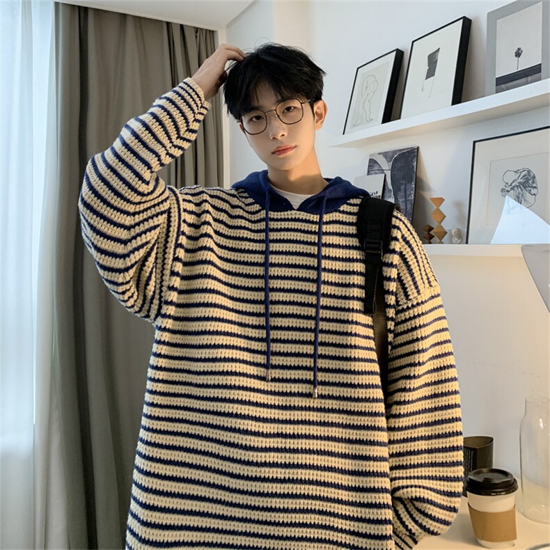 ！23新款宽松大码连帽条纹毛衣加厚针织衫M85-P55图片