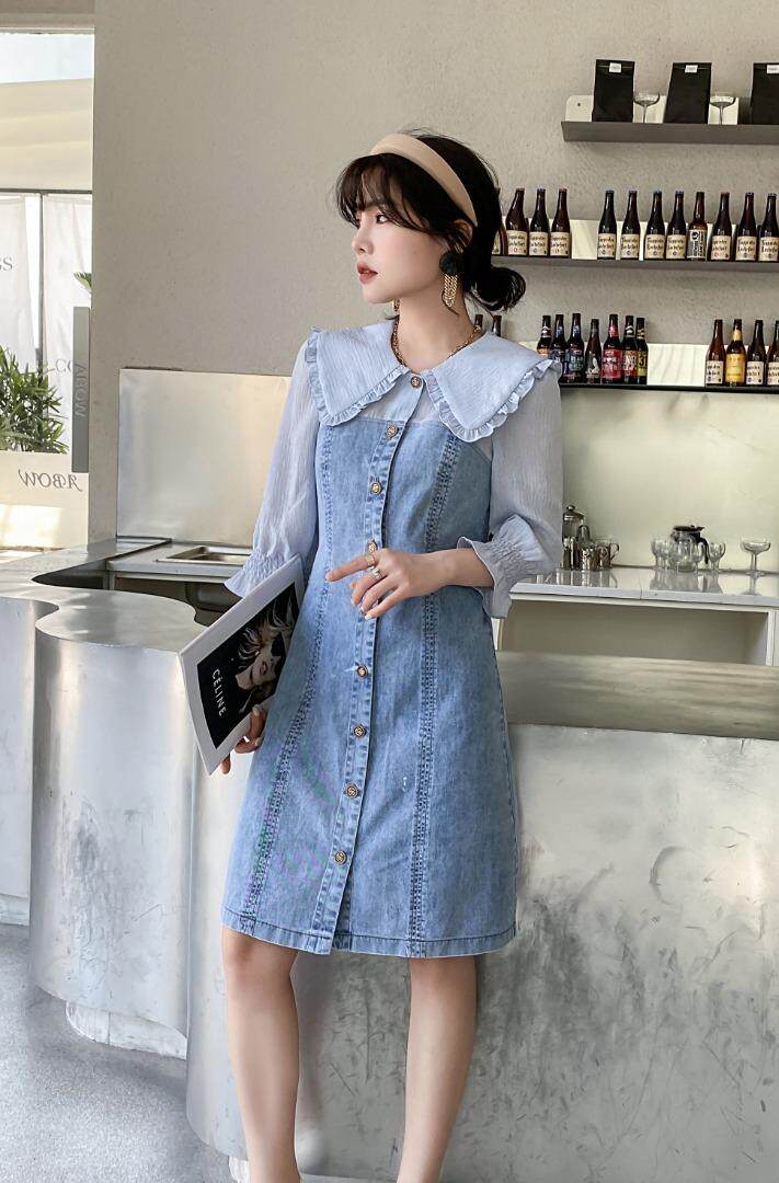 现货热卖拼色牛仔连衣裙，女装连衣裙，迈裳亿