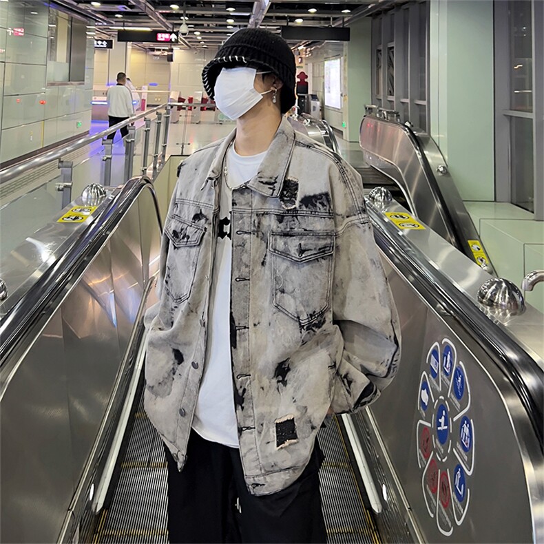美式牛仔外套男春扎染破坏牛仔衣设计感高街夹克潮NT521P75,男装工装外套,星座301D-2(原星座1004-1）