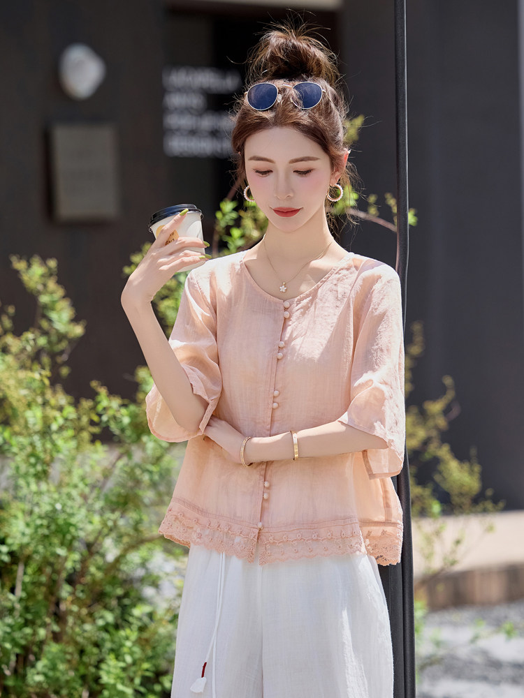 妈妈夏季中袖衬衫女2025新款时尚洋气减龄设计感小众宽松百搭上衣,女装衬衫,余墨