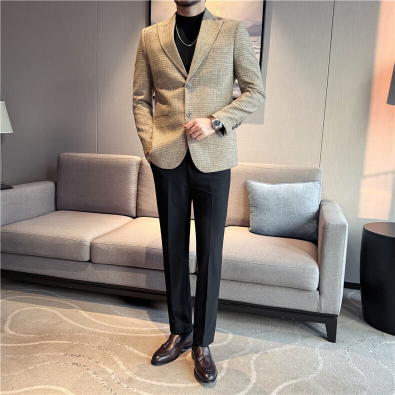 羊毛老钱风加厚格纹西装外套男高级感格子西服咖啡色DX7036-P168,男装西服套装,电商A213