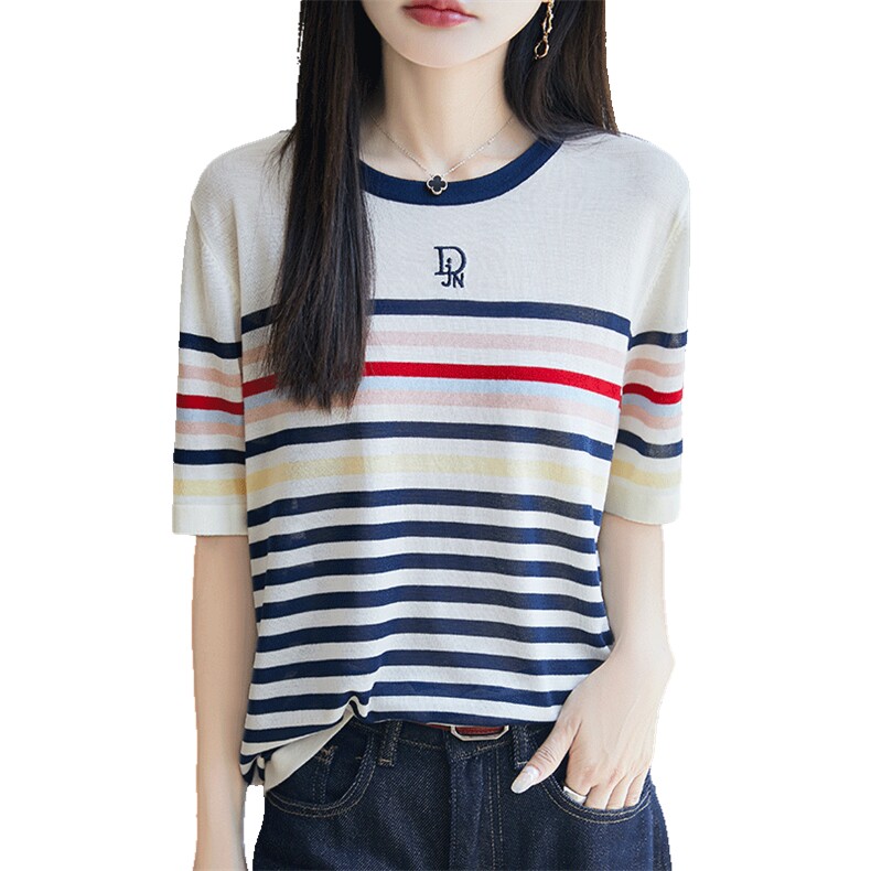 拼色圆领100%莱赛尔天丝针织短袖T恤女刺绣字母半袖宽松打底上衣,针织衫/毛衣,郡淞羊绒