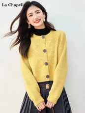 2025年秋季长袖黄色圆领开衫，女装针织衫/毛衣，织己羊绒