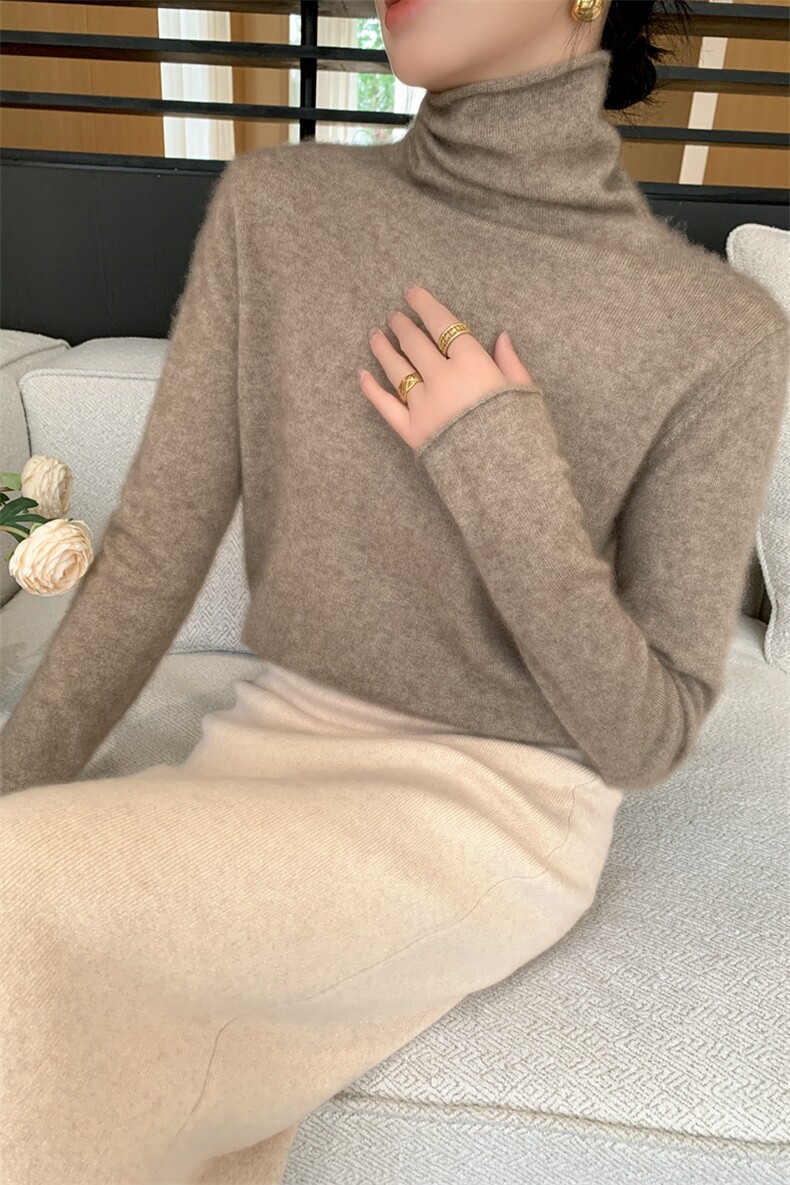 2024新款一线成衣卷边高领打底衫女秋季宽松显瘦堆堆领毛衣针织衫,女装羊绒衫,纳丰羊绒