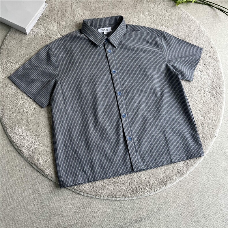 XZ10-TTH455-P48青花扣亚麻混纺棉麻条纹短袖衬衫老钱风cleanfit,男装T恤,星座1005-1