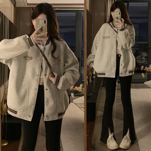 C866-P100美式复古灰色棒球服外套女春秋宽松字母刺绣夹克上衣图片
