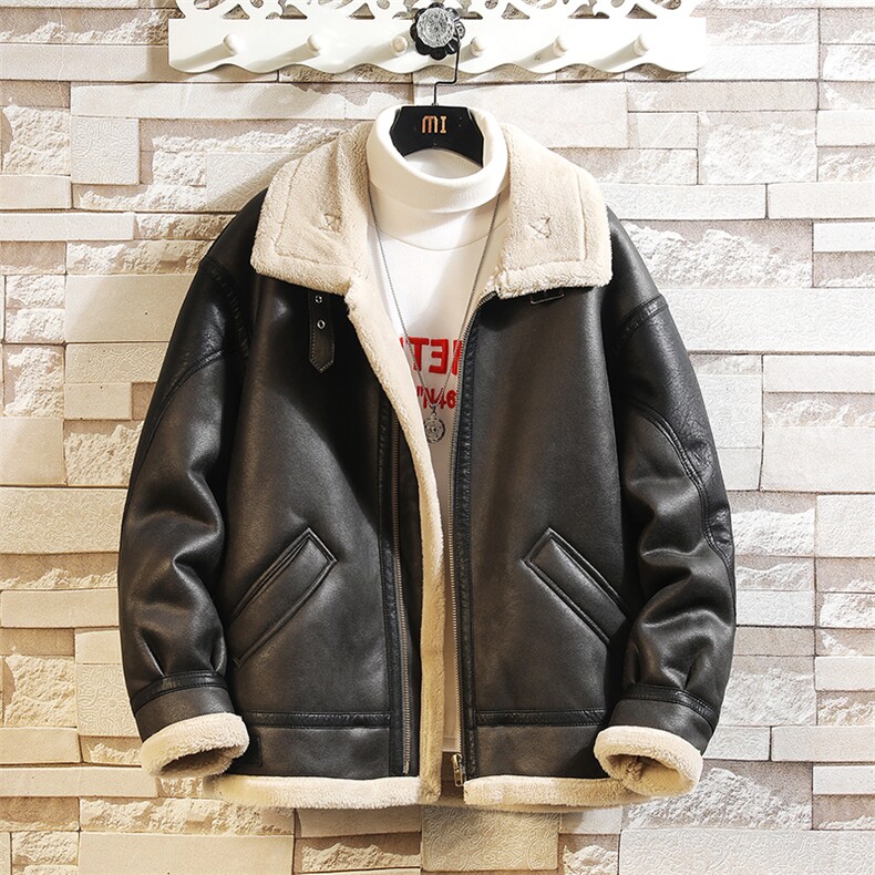 皮毛一体秋冬季羊羔绒棉衣外套加厚机车皮夹克A203-8907P215，男装夹克，电商A203-1