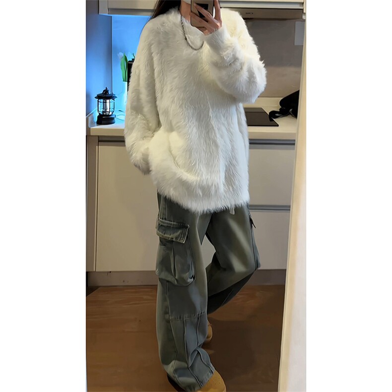 日系简约纯色圆领毛衣加绒软糯毛茸茸打底针织衫上衣HY609TP60图片