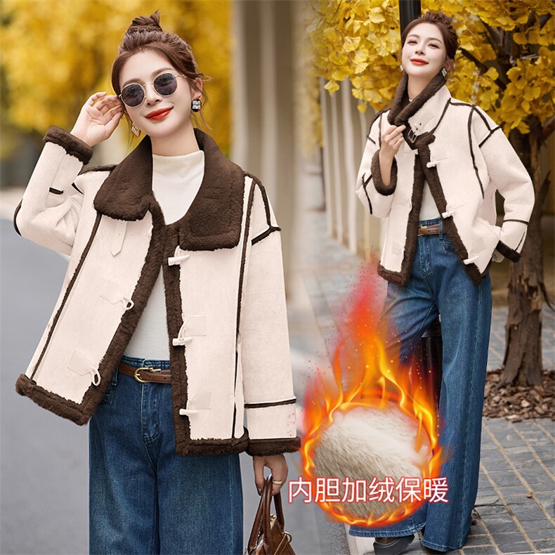 新款牛角扣翻领加绒加厚皮毛一体外套 972 P145图片