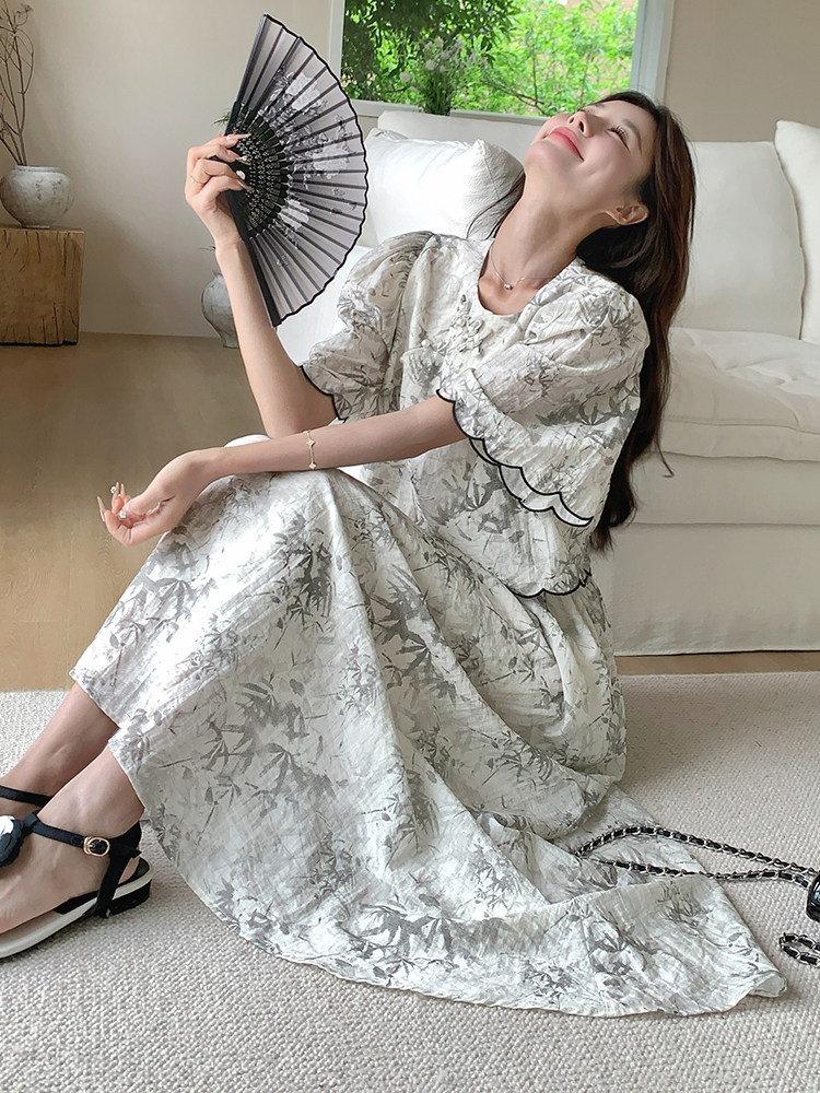 新中式灰白色水墨印花连衣裙女夏2025超火好看高级气质长裙两件套,女装套装/套裙,诺蝶