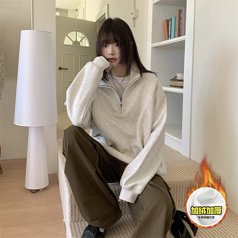 480G重磅加绒硬挺boxy男女秋冬美式高街结构半拉链立领卫衣厚外套,女装短外套,电商A486