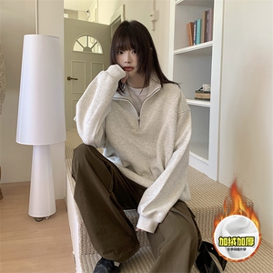 480G重磅加绒硬挺boxy男女秋冬美式高街结构半拉链立领卫衣厚外套图片