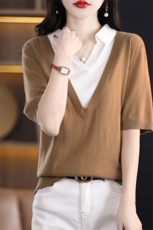 25春季新款纯棉假两件T恤女宽松POLO领拼色短袖百搭显瘦针织半袖，女装针织衫/毛衣，斯美雅电商供货