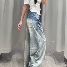 美式复古设计感褶皱牛仔裤男女潮牌小众宽松显瘦休闲阔腿裤网图，男装牛仔裤，星座302B