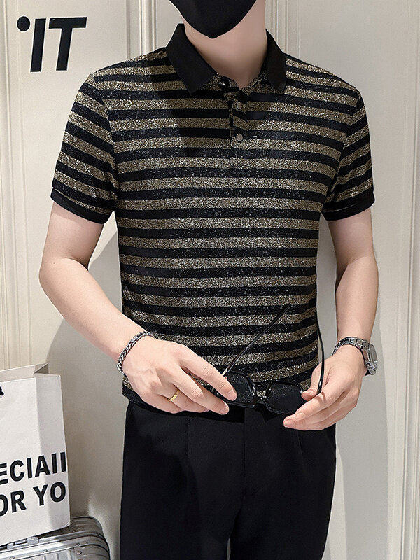 店主风社会小伙男士高级感条纹亮面翻领POLO衫301A-1/PL118/P53,男装Polo衫,星座301A-1