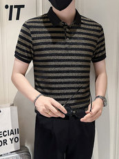 店主风社会小伙男士高级感条纹亮面翻领POLO衫301A-1/PL118/P53，男装Polo衫，星座301A-1
