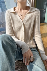 秋冬新款100%羊毛开衫女翻领坑条纯色针织外套毛衣修身羊绒衫上衣，女装羊毛衫，秋双羊绒