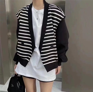 2023新款时尚高级显瘦潮气质宽松黑白条纹开衫外套,其它,L·H·X