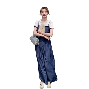 蓝色牛仔吊带上衣短袖T恤阔腿裤三件套女2025夏款韩系休闲一整套图片