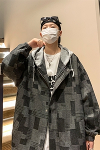 JK6007/P80加棉P90冬装港风牛仔连帽格子夹克男大码外套上衣男图片