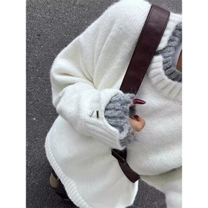 慵懒风白色针织毛衣男女情侣秋冬宽松内搭高级感超好看春秋上衣图片