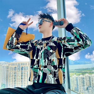 AM196/特P88控118秋季社会小伙满印提花潮流百搭打底针织衫男白首图片