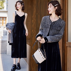 时尚牛仔短外套连衣裙两件套2024秋季新款小个子高级感减龄套装裙，女装套装/套裙，曼娅璐