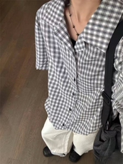 杭州出货~25新款夏季纯棉男女黑白格纹古巴领短袖衬衫CT25112批38，男装T恤，星座1004-6