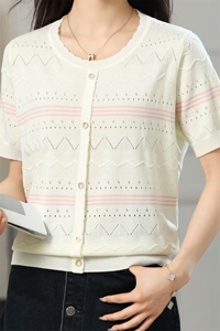 夏季新款时尚休闲舒适冰丝亚麻针织衫短袖女圆领镂空T恤彩条上衣图片