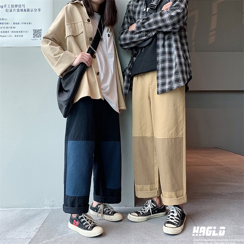 春季热卖新品撞色拼接裤子男女直筒工装宽松阔腿裤K24P55控78,男装休闲裤,电商A102B