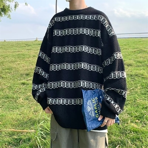 设计感潮牌条纹毛衣男秋冬高街ins宽松圆领针织衫上衣 M1070-P35图片