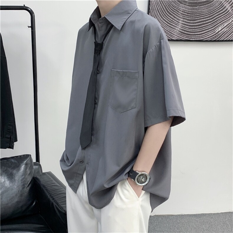 配领带 夏季薄款短袖衬衫男 港风宽松班服DK学院风衬衣C318-P30图片