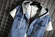 MJ213-p58-限价88牛仔大码网格连帽马甲男工装ins无袖坎肩外穿，男装工装外套，星座103A