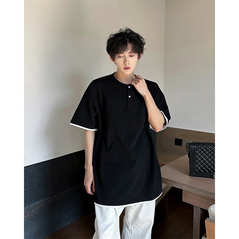 夏季新款假两件短袖T恤日系宽松简约休闲高级感上衣,男装T恤,星座410-7