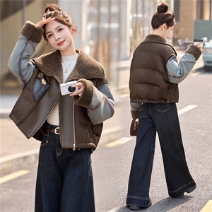 牛仔拼接短款羽绒服女2025冬季新款翻领加厚保暖羽绒外套图片