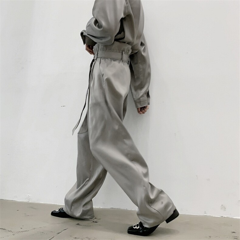 春季原创丝滑质感缎面复古时髦飘带阔腿长裤A261-3938-P65,男装休闲裤,电商A246