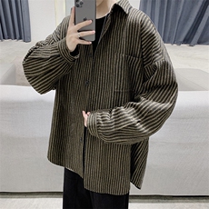 港风复古格子衬衫加厚男士慵懒宽松百搭毛呢衬衣外套，男装衬衫，电商B413-1