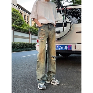 B221美式ins高街暗黑宽松直筒破洞喷墨乞丐牛仔裤LK24202-P60控78
