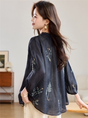 2026春秋季苎麻时尚简约大方气质优雅刺绣休闲透气衬衫，女装衬衫，独衣靓