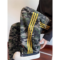 美式三条杠迷彩裤子男秋季潮牌高街休闲运动裤hiphop条纹弯刀卫裤，男装休闲裤，星座813-2