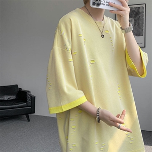 T10137-特批33  控68 开口笑高品质夏季大码短袖破洞潮流百搭T恤图片