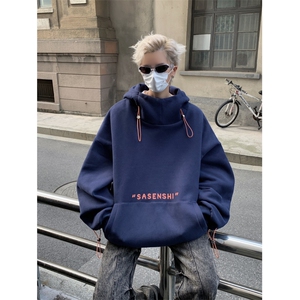 克莱因蓝冲锋衣卫衣男加绒加厚硫酸铜穿搭连帽重磅oversize高街秋图片