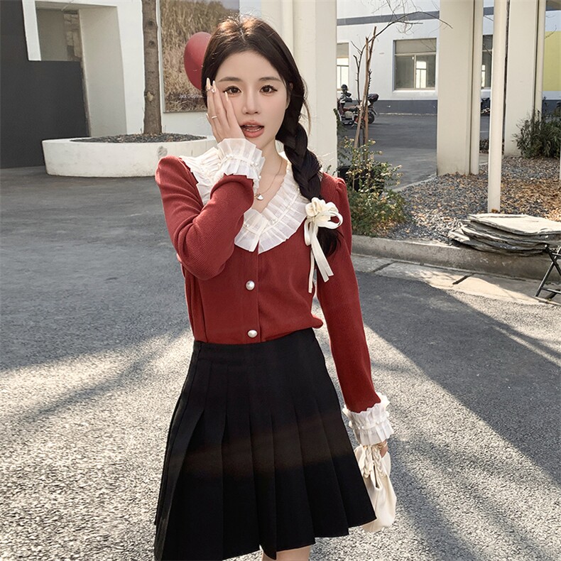 针织花边长袖上衣女春秋红色衬衫时尚修身显瘦设计感2025新款百搭,针织衫/毛衣,鑫慧