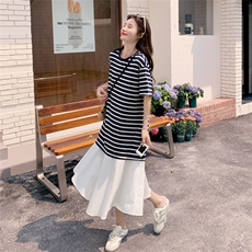 韩系松弛感黑白条纹拼接t恤连衣裙女夏2025新款休闲减龄连身长裙，女装连衣裙，2C167
