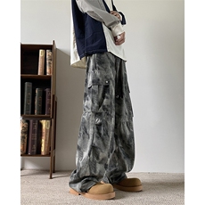 个性迷彩灰休闲裤男2024秋季新款工装大口袋设计感直筒宽松裤子，男装休闲裤，星座410-7