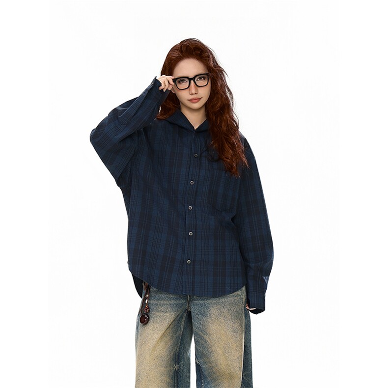 蓝色磨毛格子衬衫男款春秋季2025新款休闲百搭情侣连帽衬衣服外套,男装衬衫,电商A003
