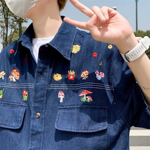 日系复古做旧水洗牛仔衬衫男女夏季新款古着情侣上衣短袖ins图片