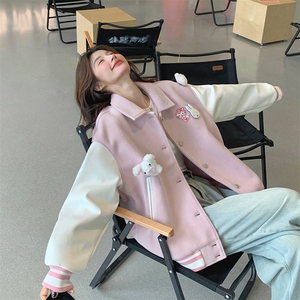 小众设计感立体撞色粉色棒球服女春秋季宽松多巴胺学院风可爱外套图片