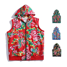 B02秋东北大花连帽拉链大码风汉服民族特色马甲背心坎肩男女，男装背心/马甲，星座115A-1