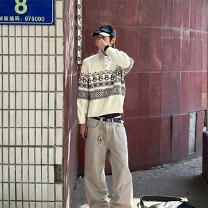 重磅秋冬装北极绒套头毛衣美式复古休闲慵懒风提花工艺针织衫外套图片